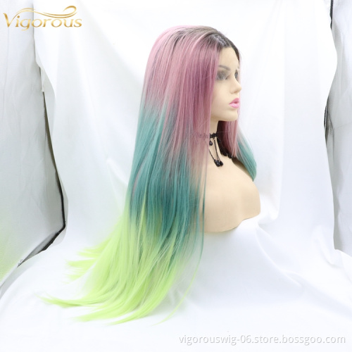 Vigorous Long Rainbow Hair Wig Multi Color Natural Wave Synthetic Lace Front Wigs Colorful Heat Resistant Wig for Cosplay use